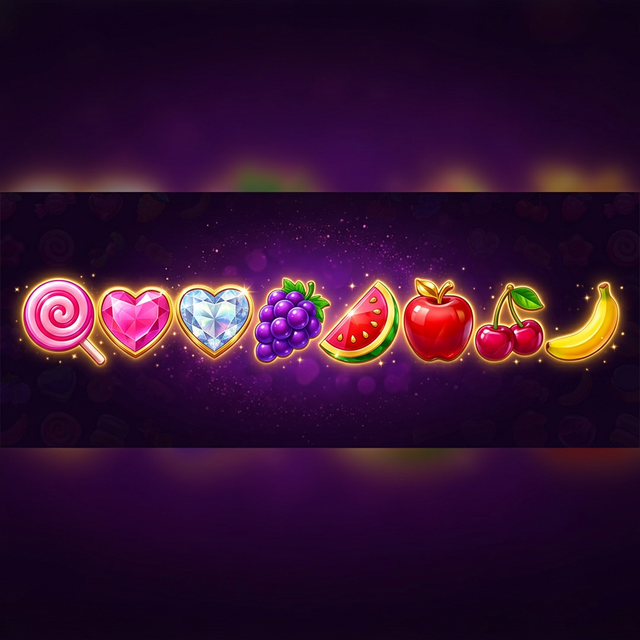 Todos los simbolos de Sweet Bonanza: caramelo, dulce rosa, corazon, uvas, sandia, manzana, cereza, platano, scatter y bomba